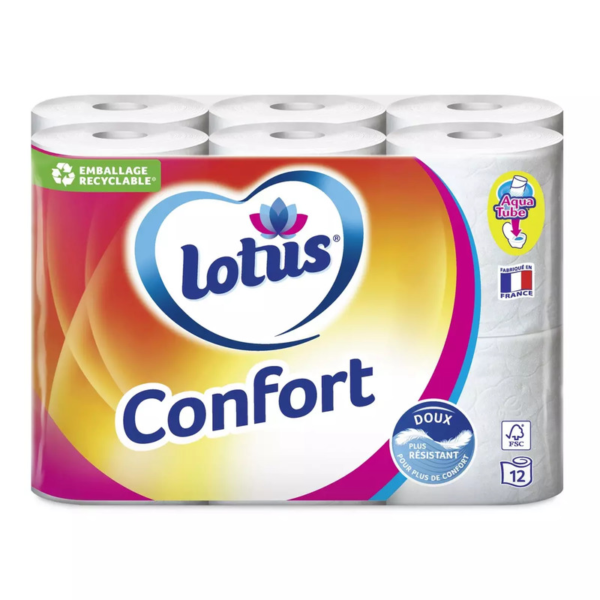 Lotus Confort papier toilette aquatube doux et résistant x12 rouleaux